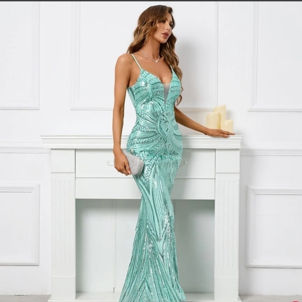 Mint Green, Geo Print, Sleeveless, Beaded Draped Back, Sequined Mermai…CUSTOM - Picture 3 of 16